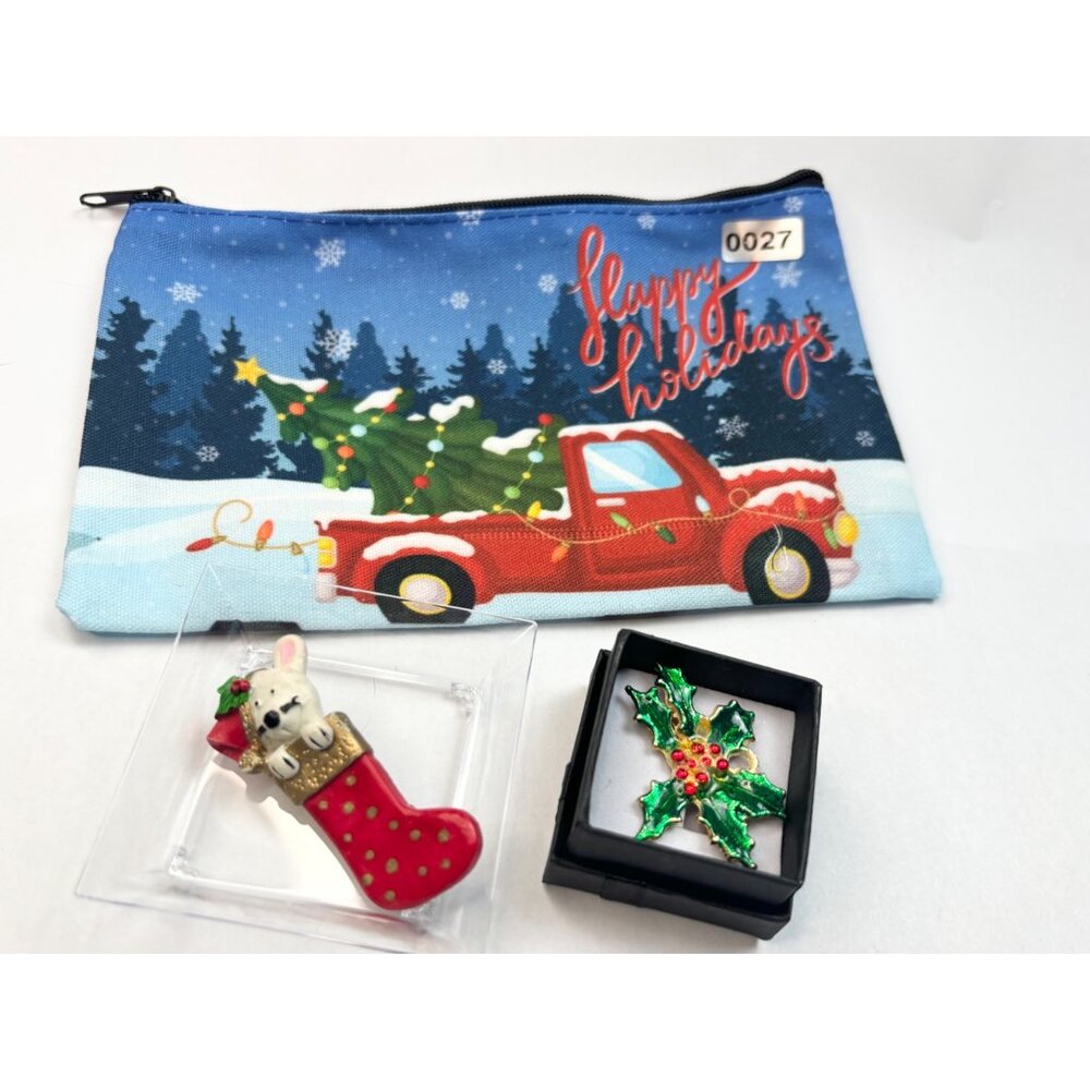 Happy Holidays Zipper Pouch With Vintage Christmas Pins - Red Truck Design